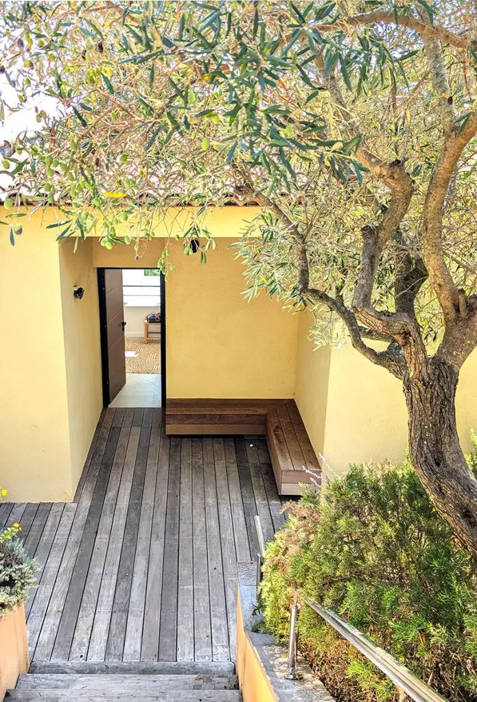 architecte d'interieur à Toulon villa M l'entrée avec des murs jaunes un bel olivier